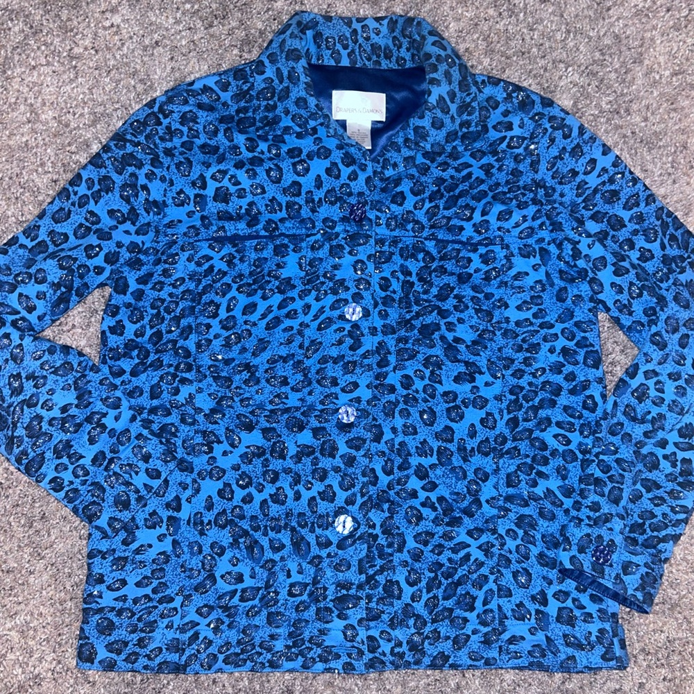 Draper’s & Damon’s Teal Blue Animal Print Long Sleeve Jacket / Blazer Sz Small